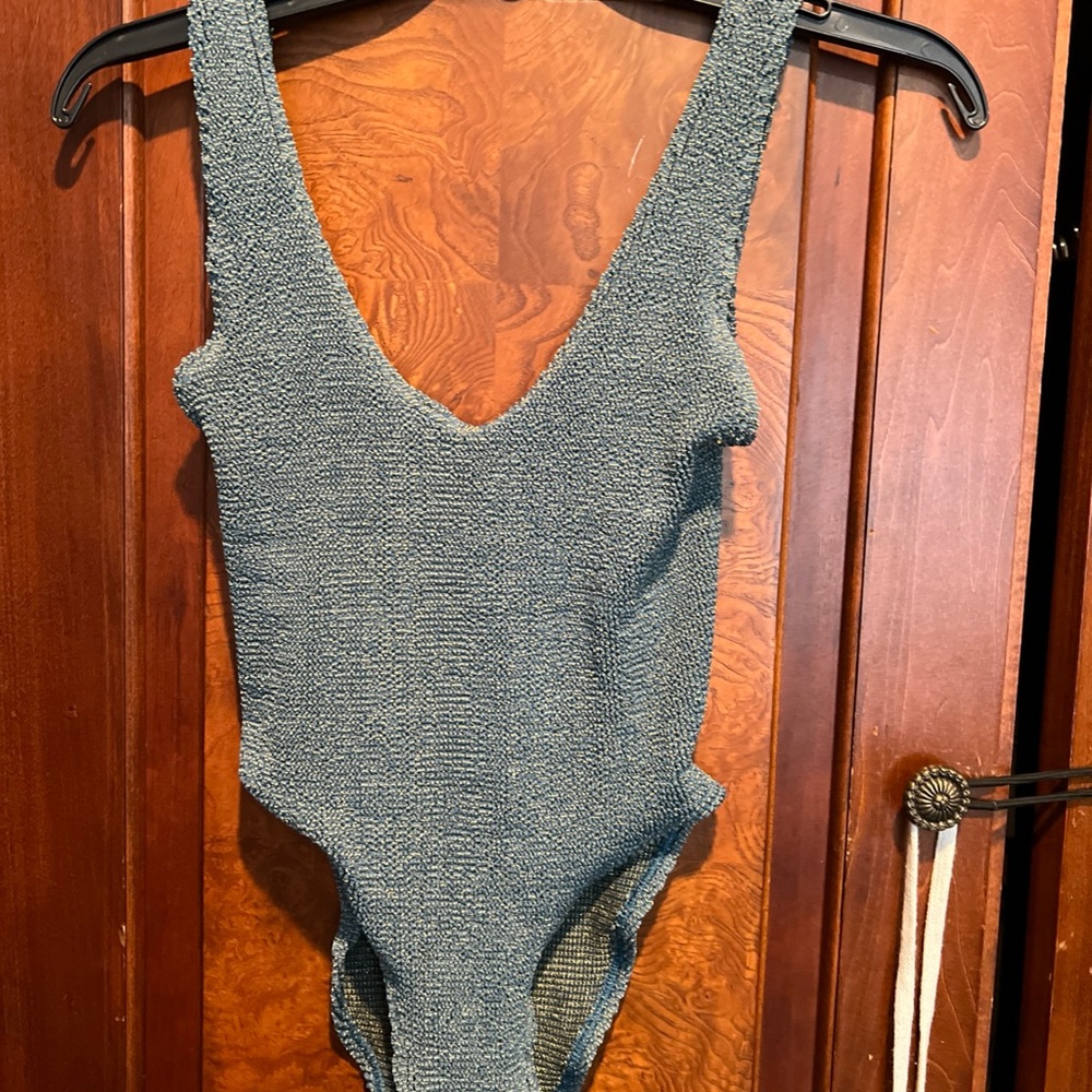 bond-eye Mara Textured Deep V One-Piece Swimsuit shimmer Seafoam one size
